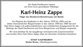 Traueranzeige von Karl-Heinz Zappe von Allgäuer Zeitung, Kaufbeuren/Buchloe
