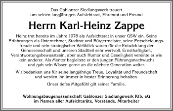 Traueranzeige von Karl-Heinz Zappe von Allgäuer Zeitung, Kaufbeuren/Buchloe