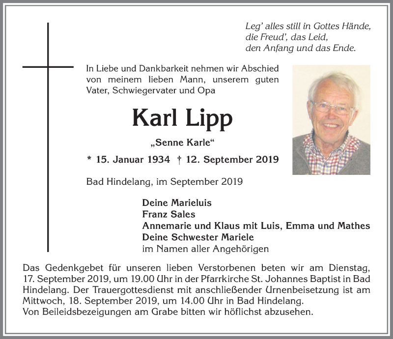  Traueranzeige für Karl Lipp vom 16.09.2019 aus Allgäuer Anzeigeblatt