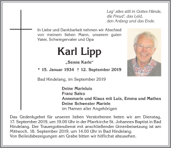 Traueranzeige von Karl Lipp von Allgäuer Anzeigeblatt
