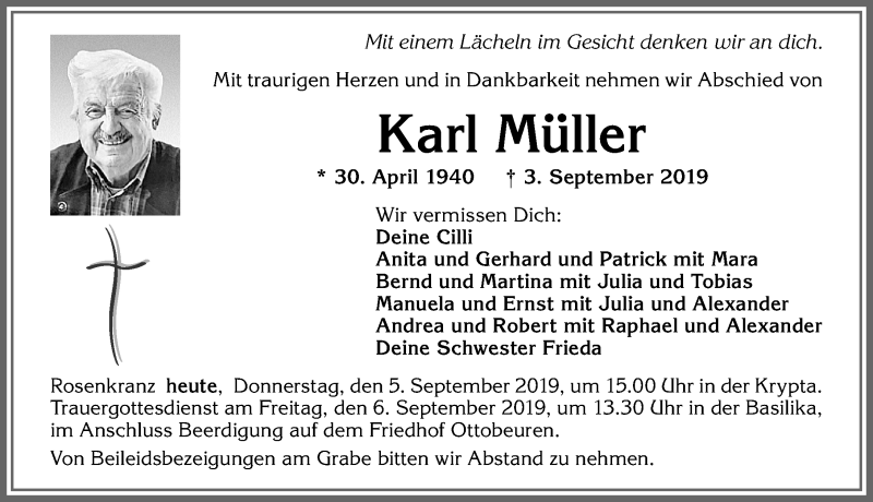  Traueranzeige für Karl Müller vom 05.09.2019 aus Memminger Zeitung