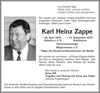 Traueranzeige von Karl Heinz Zappe von Allgäuer Zeitung, Kaufbeuren/Buchloe