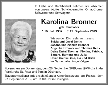 Traueranzeige von Karolina Bronner von Allgäuer Zeitung, Kaufbeuren/Buchloe