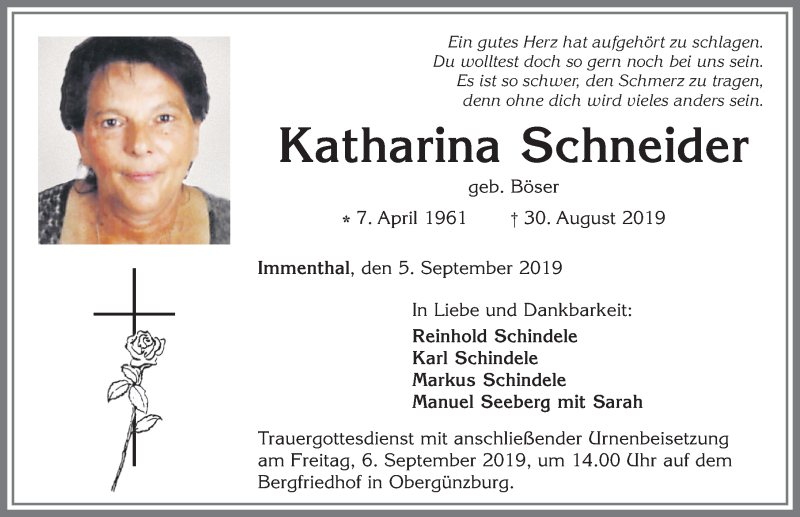  Traueranzeige für Katharina Schneider vom 05.09.2019 aus Allgäuer Zeitung, Marktoberdorf