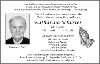 Traueranzeige von Katharina Schuster von Allgäuer Zeitung, Füssen