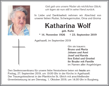 Traueranzeige von Katharina Wolf von Allgäuer Anzeigeblatt