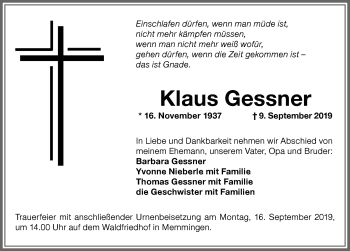 Traueranzeige von Klaus Gessner von Memminger Zeitung