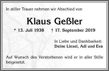 Traueranzeige von Klaus Geßler von Allgäuer Zeitung, Füssen