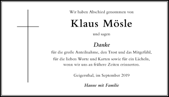 Traueranzeige von Klaus Mösle von Der Westallgäuer