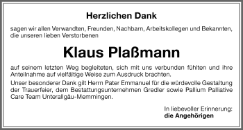 Traueranzeige von Klaus Plaßmann von Memminger Zeitung