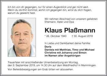 Traueranzeige von Klaus Plaßmann von Memminger Zeitung