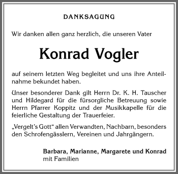 Traueranzeige von Konrad Vogler von Allgäuer Anzeigeblatt