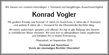 Traueranzeige von Konrad Vogler von Allgäuer Anzeigeblatt