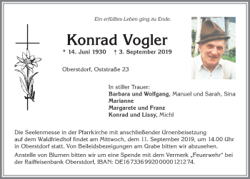 Traueranzeige von Konrad Vogler von Allgäuer Anzeigeblatt