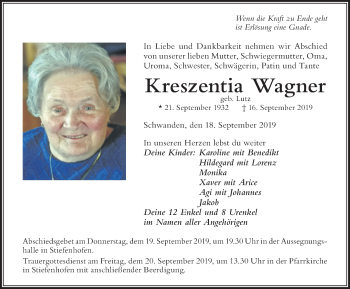 Traueranzeige von Kreszentia Wagner von Der Westallgäuer