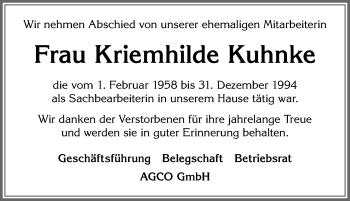 Traueranzeige von Kriemhilde Kuhnke von Allgäuer Zeitung, Marktoberdorf