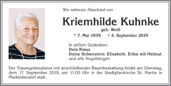 Traueranzeige von Kriemhilde Kuhnke von Allgäuer Zeitung, Marktoberdorf