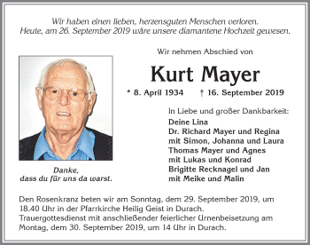 Traueranzeige von Kurt Mayer von Allgäuer Zeitung,Kempten