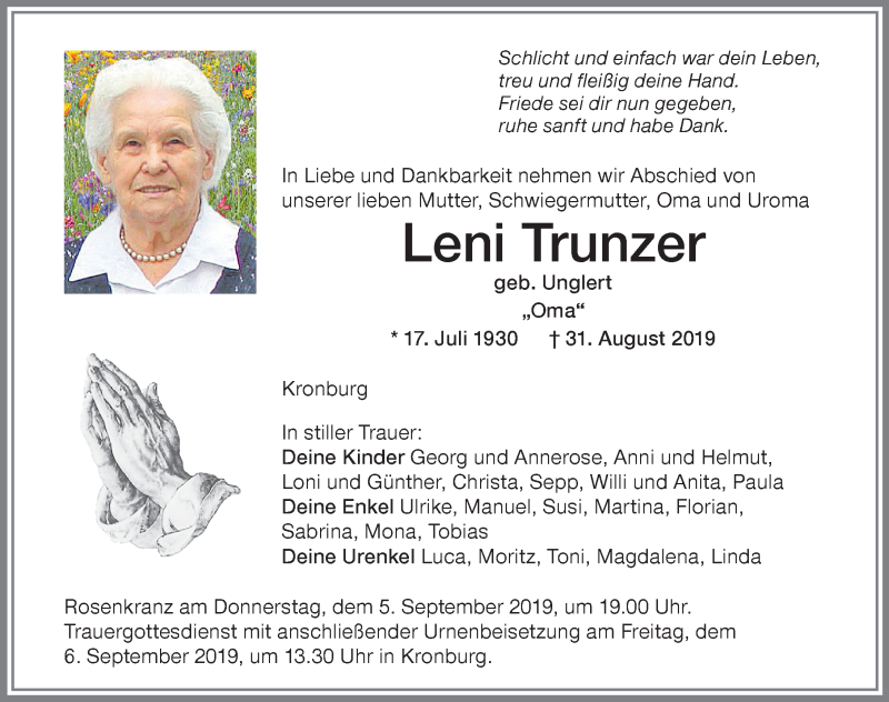  Traueranzeige für Leni Trunzer vom 04.09.2019 aus Memminger Zeitung