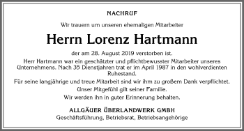 Traueranzeige von Lorenz Hartmann von Allgäuer Zeitung,Kempten
