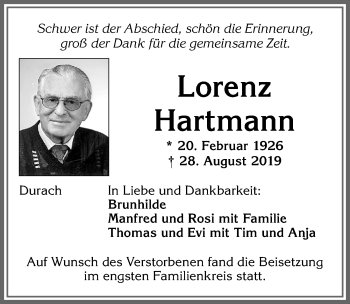 Traueranzeige von Lorenz Hartmann von Allgäuer Zeitung,Kempten