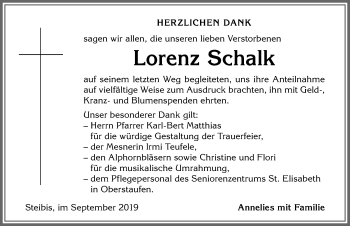 Traueranzeige von Lorenz Schalk von Allgäuer Anzeigeblatt