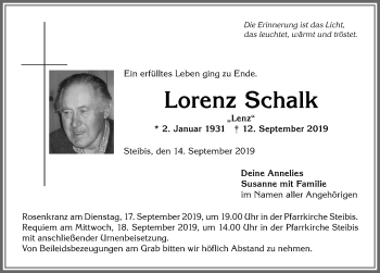 Traueranzeige von Lorenz Schalk von Allgäuer Anzeigeblatt
