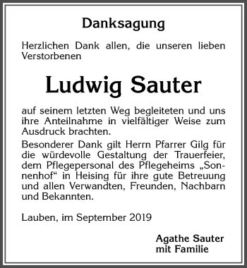 Traueranzeige von Ludwig Sauter von Allgäuer Zeitung,Kempten