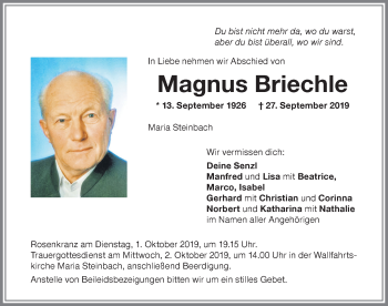 Traueranzeige von Magnus Briechle von Memminger Zeitung