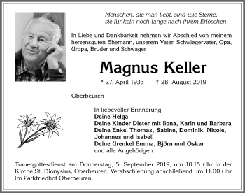 Traueranzeige von Magnus Keller von Allgäuer Zeitung, Kaufbeuren/Buchloe