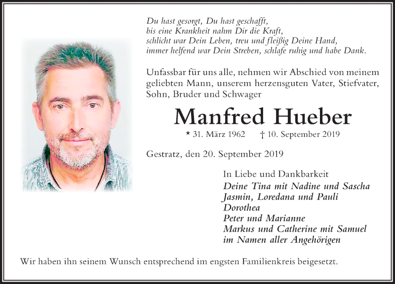  Traueranzeige für Manfred Hueber vom 20.09.2019 aus Der Westallgäuer
