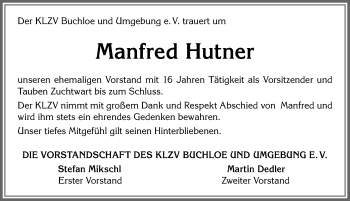 Traueranzeige von Manfred Hutner von Allgäuer Zeitung, Kaufbeuren/Buchloe