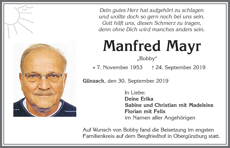  Traueranzeige für Manfred Mayr vom 30.09.2019 aus Allgäuer Zeitung, Marktoberdorf