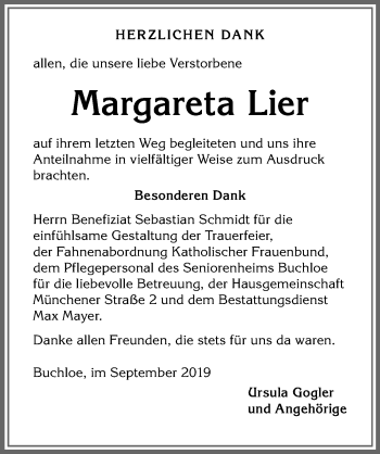 Traueranzeige von Margareta Lier von Allgäuer Zeitung, Kaufbeuren/Buchloe