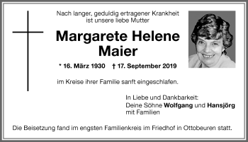 Traueranzeige von Margarete Helene Maier von Memminger Zeitung