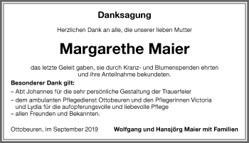 Traueranzeige von Margarethe Maier von Memminger Zeitung