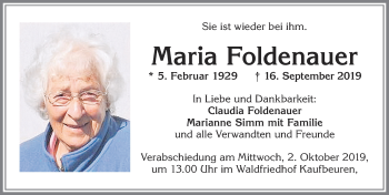 Traueranzeige von Maria Foldenauer von Allgäuer Zeitung, Kaufbeuren/Buchloe