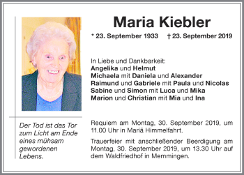Traueranzeige von Maria Kiebler von Memminger Zeitung