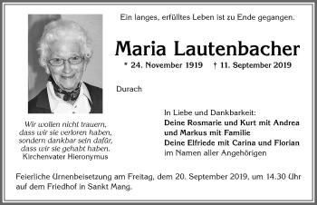 Traueranzeige von Maria Lautenbacher von Allgäuer Zeitung,Kempten