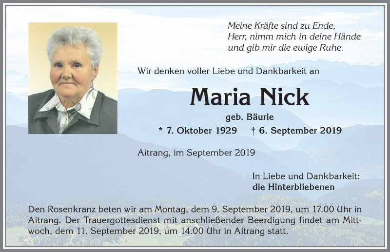  Traueranzeige für Maria Nick vom 07.09.2019 aus Allgäuer Zeitung, Marktoberdorf