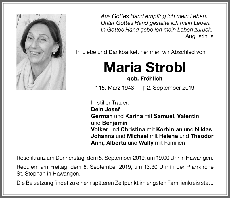  Traueranzeige für Maria Strobl vom 04.09.2019 aus Memminger Zeitung
