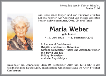 Traueranzeige von Maria Weber von Allgäuer Zeitung, Kaufbeuren/Buchloe