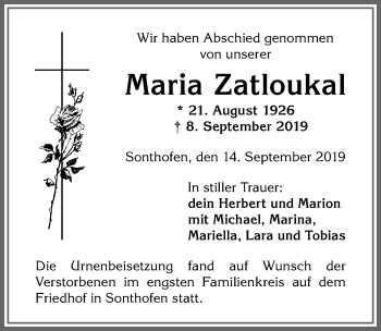 Traueranzeige von Maria Zatloukal von Allgäuer Anzeigeblatt