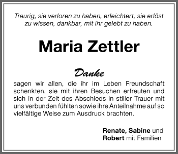 Traueranzeige von Maria Zettler von Memminger Zeitung