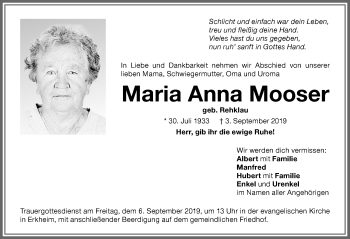 Traueranzeige von Maria Anna Mooser von Memminger Zeitung