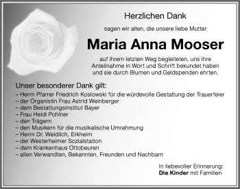 Traueranzeige von Maria Anna Mooser von Memminger Zeitung