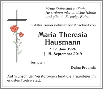 Traueranzeige von Maria Theresia Hausmann von Allgäuer Zeitung,Kempten