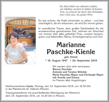Traueranzeige von Marianne Paschke-Kienle von Allgäuer Zeitung, Kaufbeuren/Buchloe