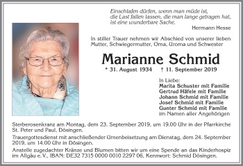 Traueranzeige von Marianne Schmid von Allgäuer Zeitung, Kaufbeuren/Buchloe