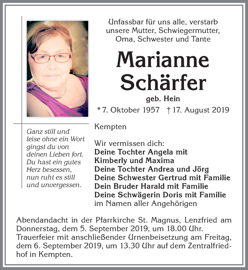  Traueranzeige für Marianne Schärfer vom 03.09.2019 aus Allgäuer Zeitung,Kempten